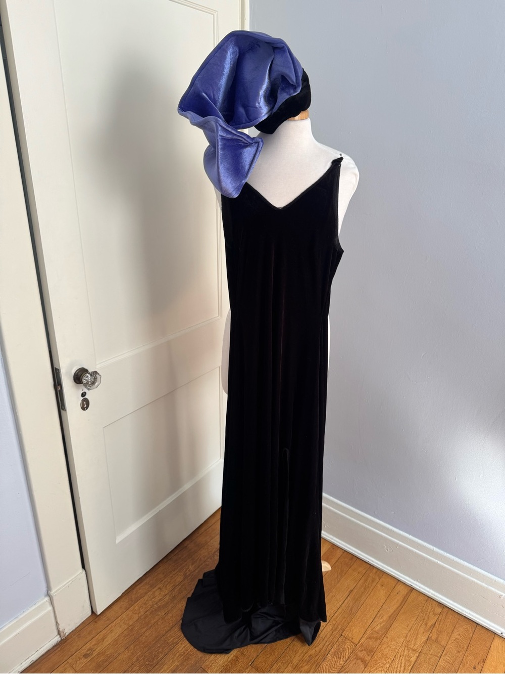 Yzma Halloween Costume: Black Velvet Maxi Slip Dress with Purple Accent Hat